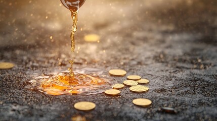 crude oil spilling into a pool of coins, highlighting the economic implications, oil price surge, we