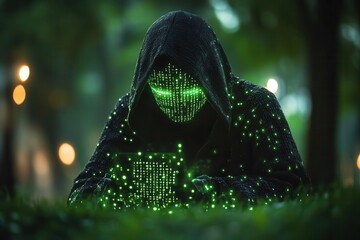 enigmatic hooded figure with glowing matrix code face emerging from shadowy digital landscape with ominous cybersecurity symbols