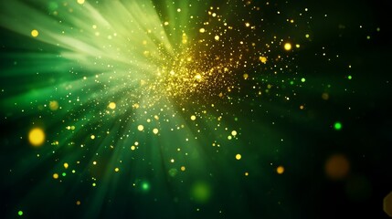 Wall Mural - A vibrant green and gold light burst background with sparkling particles, perfect for festive, celebratory, and magical designs.  Represents joy, celebration, hope, and energy.