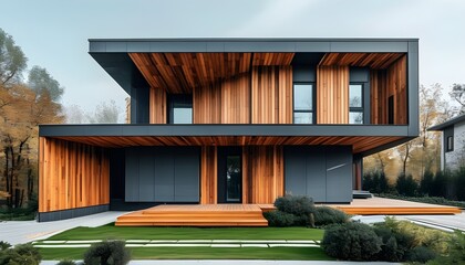 Sticker - Futuristic wooden facade of a modern home, blending sustainable materials with natural aesthetics, highlighted by a striking complementary color scheme