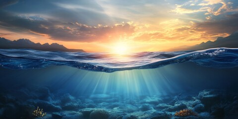 Wall Mural - Stunning Split Underwater View Featuring a Sunny Sky and Calm Sea - Nature Photography and Scenic Beauty Concept