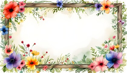 Wall Mural - Elegant Watercolor Floral Frame with Vibrant Blossoms and Lush Greenery