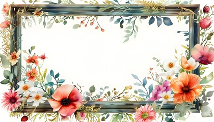 Wall Mural - Elegant Watercolor Floral Frame with Vibrant Blossoms and Lush Greenery