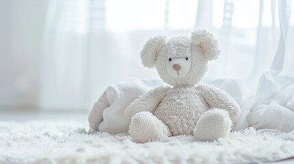 A cozy white teddy bear sits on a soft rug in a bright, airy room with sheer curtains and soft blankets around midday