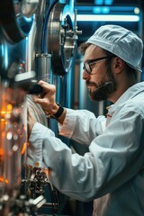 Poster - A scientist in a lab coat tinkering with machinery, possibly conducting an experiment