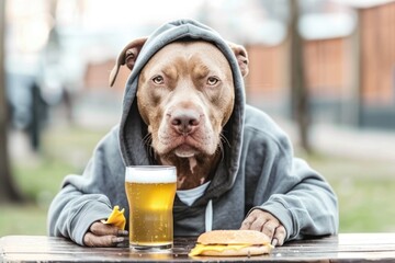 Poster - A playful dog wearing a hoodie sits at a table with a glass of beer, perfect for casual gatherings or social media posts