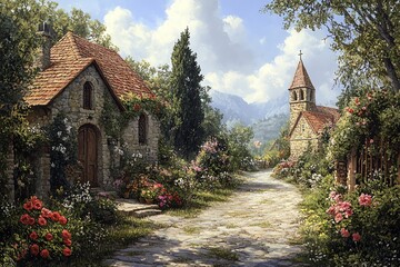 Stone path through a charming village, with a church and a cottage nestled among lush greenery and colorful flowers, under a beautiful blue sky with fluffy clouds.