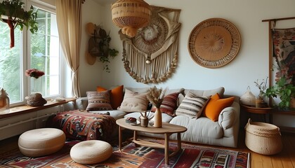 Wall Mural - Charming Bohemian Living Room with Cozy Vibes and Eclectic Decor