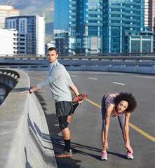 Canvas Print - Portrait, bridge and couple stretching legs in city for running with race, marathon or fitness training. Sports, road and young man and woman athletes with warm up exercise for cardio workout in town