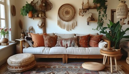 Wall Mural - Charming Bohemian Living Room with Cozy Vibes and Eclectic Decor