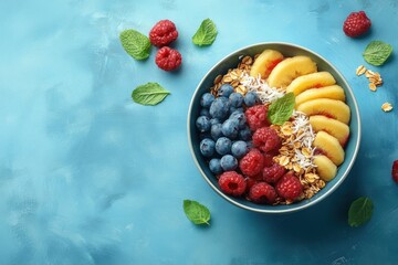 Poster - banner design for breakfast concept with vibrant granola bowl topped with fresh fruits and coconut flakes