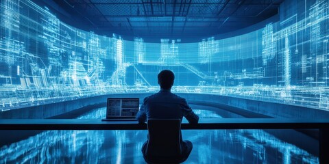 A professional observing digital data analysis on a futuristic interface, showcasing technology and innovation in the workspace.
