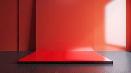 Poster - A modern room with a red wall and black floor, ideal for interior design or decoration projects