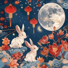 Wall Mural - Two rabbits sit together on a vibrant green grassy field