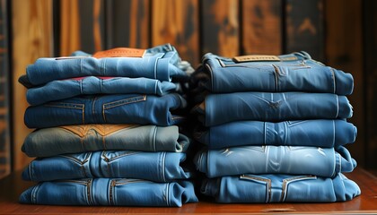 Wall Mural - Stylish and Versatile Stack of Denim Jeans Displayed Neatly