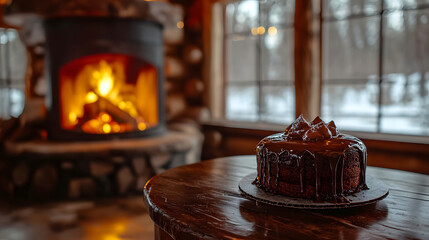 A rich chocolate lava cake on a rustic wooden table inside a cozy log cabin, with the warm glow of the fireplace highlighting the molten center and frosted windows revealing a snowy landscape outside.