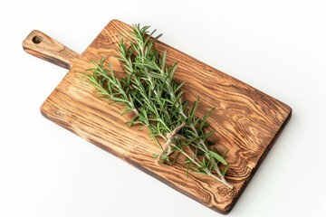 A rustic wooden cutting board with a fragrant sprig of rosemary added for flavor and decoration