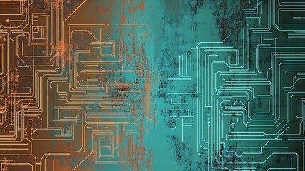 Abstract Circuit Board Design with Orange and Teal Lines