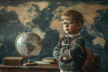 Poster - A young boy stands in front of a globe, looking at the map