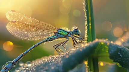 Canvas Print - Dragonfly on Dew-Covered Leaf