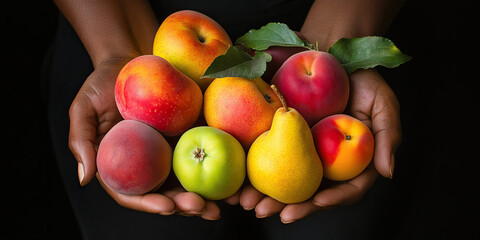 Well-manicured hands displaying a perfectly arranged bouquet of apples, pears, and peaches.