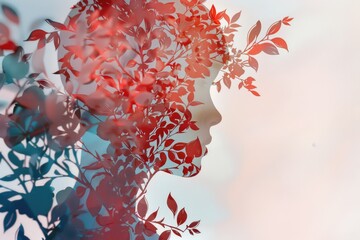 Wall Mural - A woman's face surrounded by vibrant red leaves