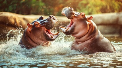 two hippos are playing in the water, one of them has its mouth open