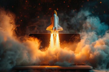 Wall Mural - illustration of a space shuttle launching from a laptop screen, representing technological advanceme