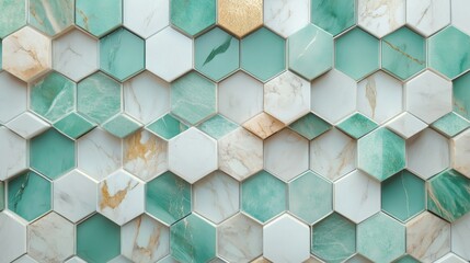 Wall Mural - Elegant Hexagonal Tile Pattern in Green and White Shades