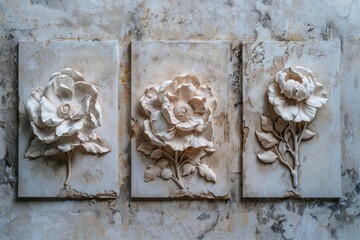 Sticker - Decorative wall with three reliefs featuring different types of flowers