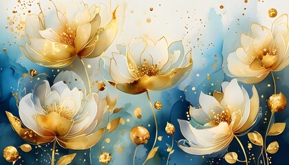 Wall Mural - Lush Watercolor Blooms Adorned with Gold Accents in Abstract Floral Art