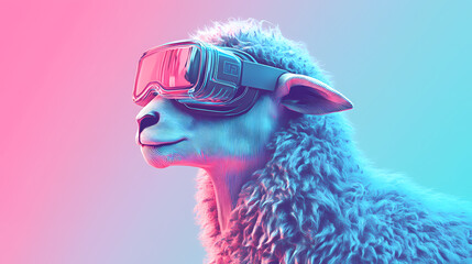 Generative ai illustration of futuristic sheep sports sleek vr glasses against a gradient blue to pink background creating a cyberpunk inspired look. Cyberpunk Fashion. Illustration