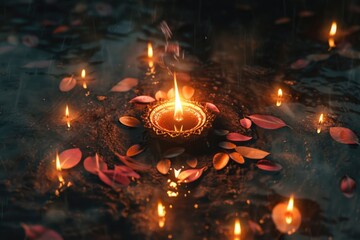 Poster - A lit candle surrounded by leaves floating on the surface of a serene pond