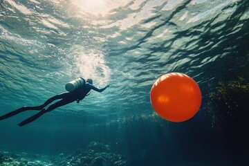 A diver swims in the water and an orange float floats on top of the water