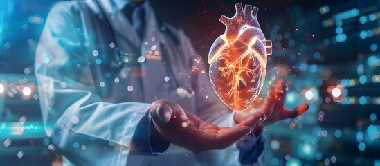 Abstract digital medical technology concept with a doctor holding a virtual heart and pulse line hologram in a hospital background