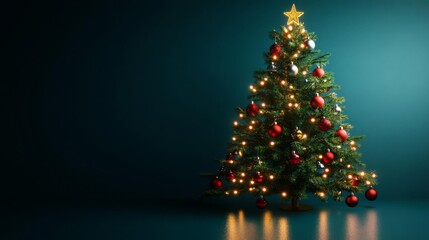Wall Mural - Xmas tree, decorated with lights and ornaments on isolated background. Festive event with tradition ambience.