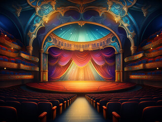 Excellent Wooden stage with glowing red curtains, invoking theatrical nostalgia.