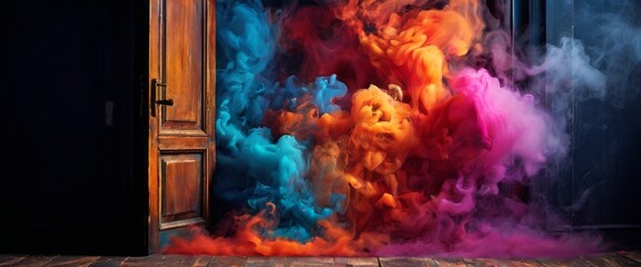 Wall Mural - Vivid clouds of colorful smoke pour through an open doorway, blending rich hues of blue, red, and orange. This striking image captures the surreal and mysterious atmosphere of a transition between