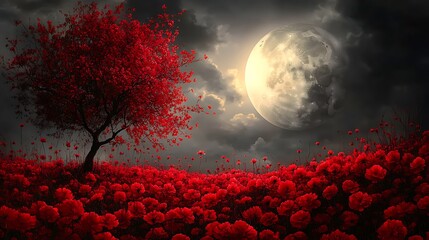 Wall Mural - a lone tree with red leaves stands in a field of red flowers under a full moon.