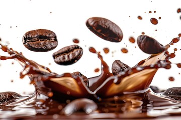 Wall Mural - A close-up shot of coffee beans falling into a puddle of melted chocolate, perfect for food or lifestyle photography