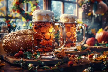 Wall Mural - A pair of mugs filled with beer and a loaf of bread sit on a table