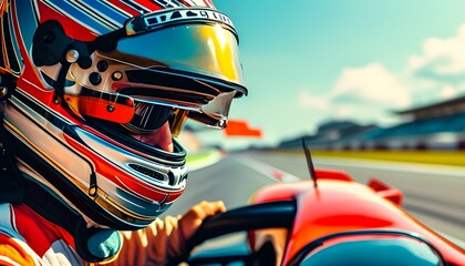 Wall Mural - Intense close-up of a racer in a helmet maneuvering a high-speed car on the track, surrounded by dynamic racing car posters and an adrenaline-pumping race banner