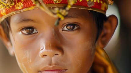 Sticker - Close-up Portrait of Young Boy in Traditional Headwear