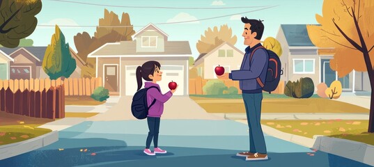  A father stands in the middle of his driveway, holding out an apple to his daughter as she walks towards him . The background is a suburban neighborhood with trees and houses in a flat cartoon style.