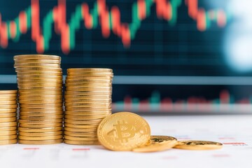 The stock market chart is on the background of golden coins and a digital cryptocurrency coin.