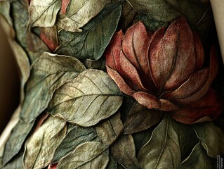 Wall Mural - Close Up of a Detailed Floral Embroidery with Leaves