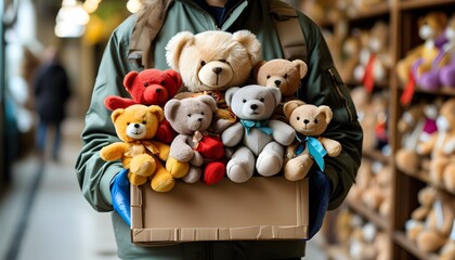 Wall Mural - Colorful teddy bear donations in volunteer hands, spreading joy and warmth to those in need