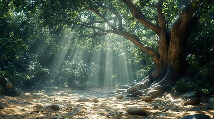 Poster - Sunbeams Through a Lush Forest: A Tranquil Path