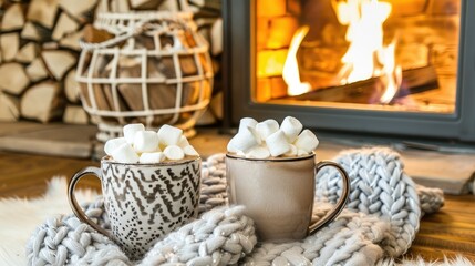 Two mugs of hot chocolate with marshmallows 