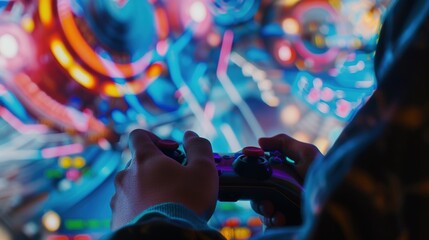 Close-up of a gamer’s hands firmly gripping a new video game controller, with a vibrant game interface displayed on a large screen in the background. RPG,futurism, thrill, passion, excitement.